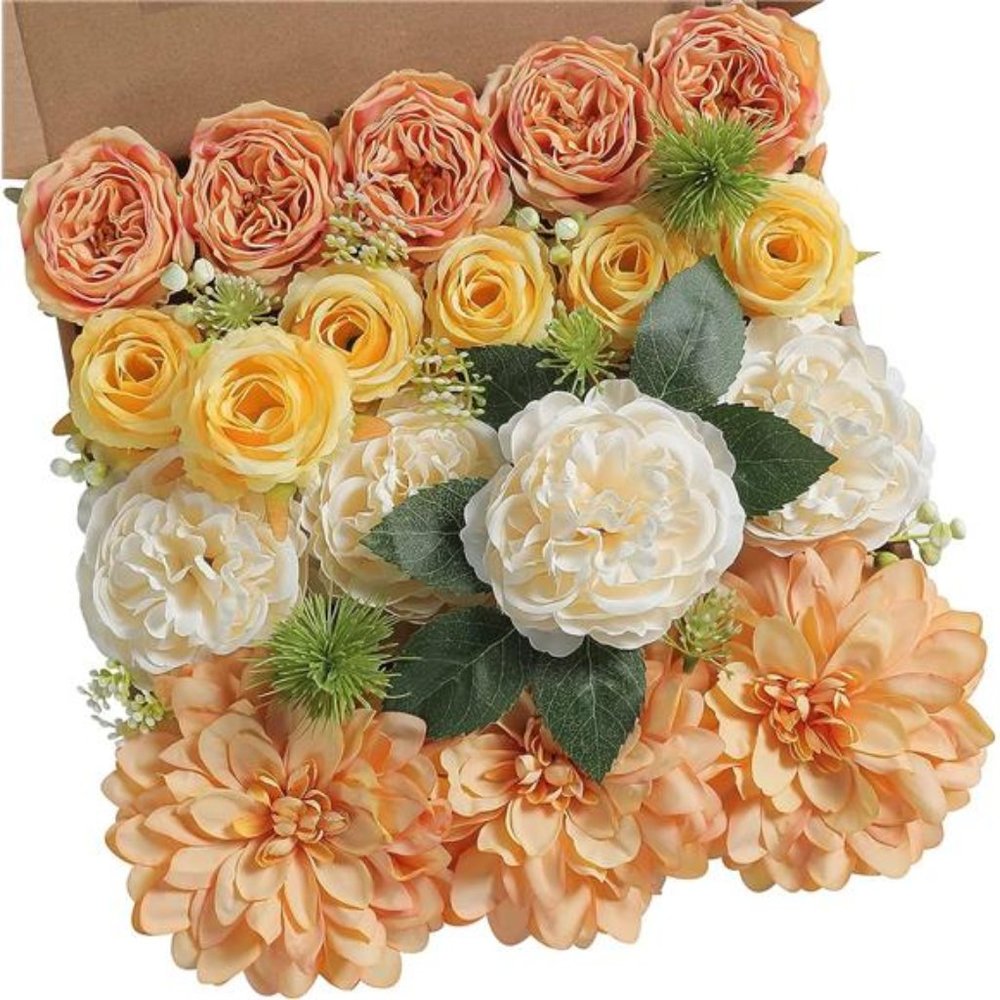 Artificial Flowers Combo Box Set Gradient Color Flower Leaf w/ Stems DIY Wedding